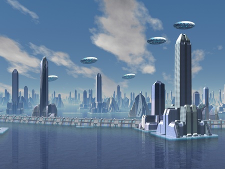 UFO over Futuristic Alien Cityの写真素材