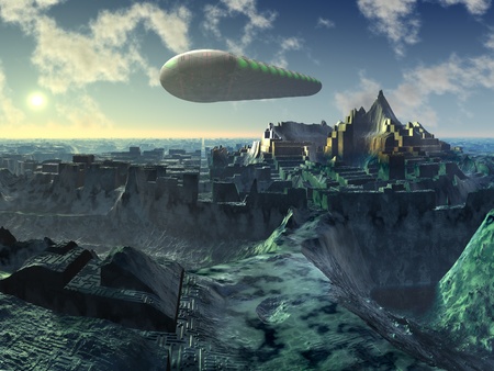 Space Shuttle over Alien City Ruinsの写真素材