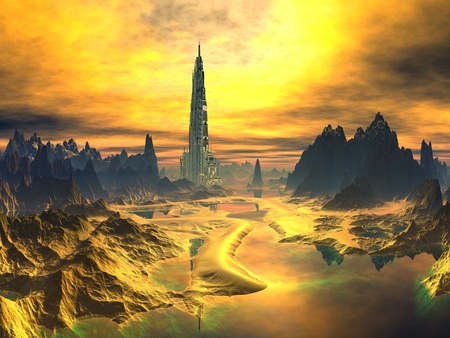 Futuristic Tower in Golden Alien Landscapeの写真素材