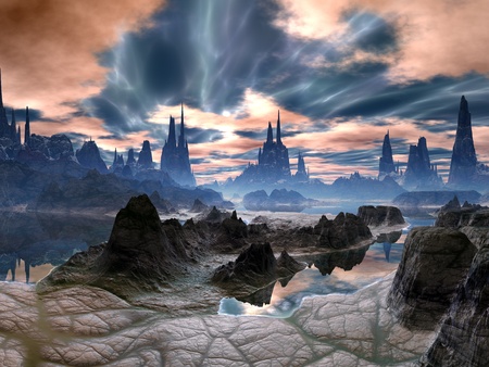 Electrical Storms over Rock Towers on Alien Worldの写真素材