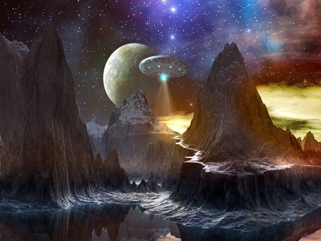 Spaceship over Mountain Path on Distant Worldの写真素材