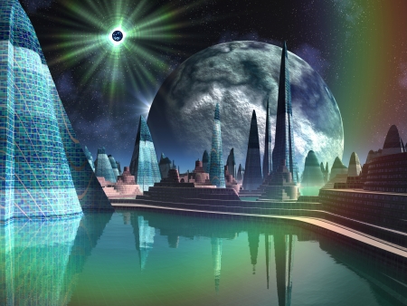Futuristic Alien City with Quasar Starの写真素材