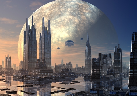 Spacecraft in formation over a futuristic alien city set on water with huge planet in orbit behindの写真素材
