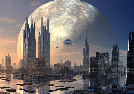 Spacecraft in formation over a futuristic alien city set on water with huge planet in orbit behind