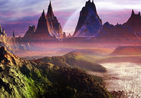 Mist rises gently over a perfect new world filled with lakes and mountains の写真素材