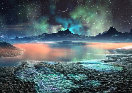 View across an irridescent, rocky landscape with lake and mountains on alien planet.の写真素材