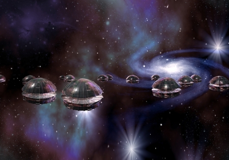 Fleet of saucer spacecraft travelling through stars and milky way galaxies.の写真素材