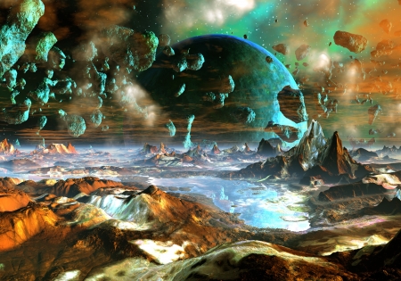 View from the surface of one planet as it hurtles towards another.の写真素材