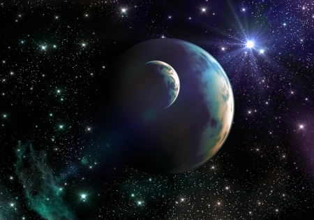 Space view of two water planets surrounded by a multi-coloured cosmos with stars and nebulaの写真素材