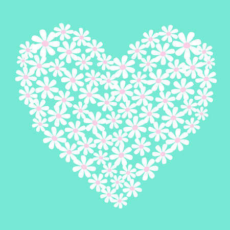 Vector of white flowers cluster in a heart shape, against a blue backgroundのイラスト素材