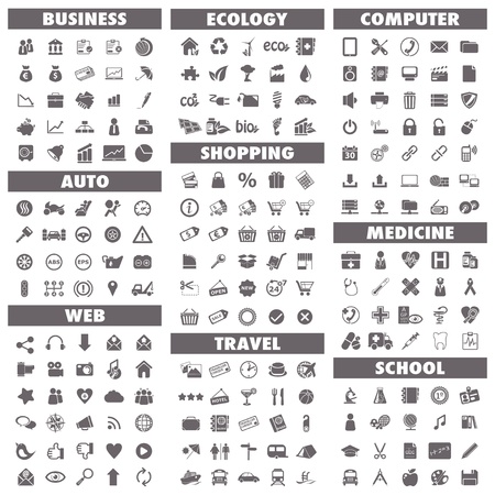 Basic icons set  Business, Auto, Web, Ecology, Shopping, Travel, Computer, Medicine and Schoolのイラスト素材