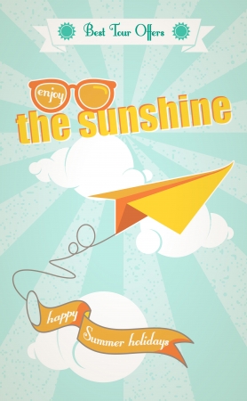 Vintage background about Summer holidays with a origami airplaneのイラスト素材