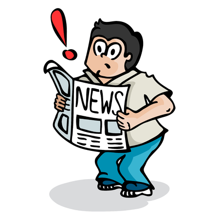 Cartoon of a boy reading a newspaper with exclamationのイラスト素材