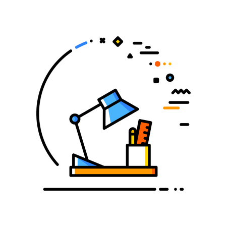 Thin line flat design of workplace. A table with a lamp and supplies office.のイラスト素材