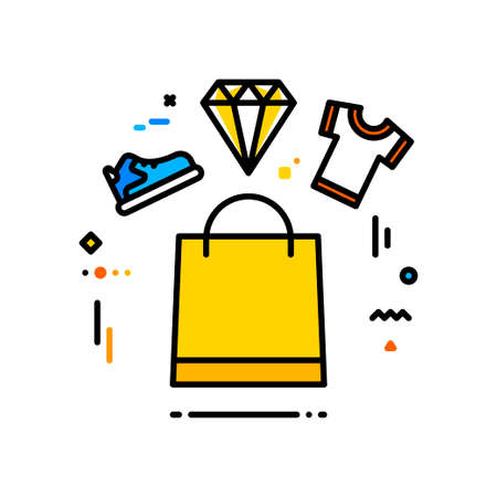 Thin line flat design of fashion shopping. A shopping bag with a shoe, a t-shirt and a diamondのイラスト素材