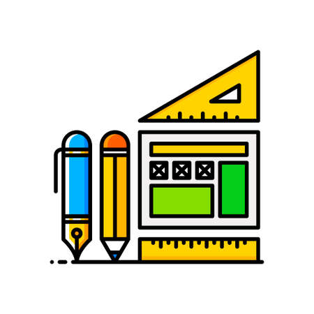 Thin line flat design about web design. A sketch of a web template, with pencils and rulers.のイラスト素材