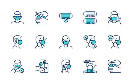 Healthcare icons. 2019-nCoV. How to wear and remove a medical mask correctly. COVID-19 prevention.のイラスト素材