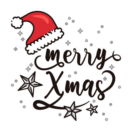 Santa Claus hat. Hand drawn lettering calligraphy for greetings card with text merry Xmas. Winter holidays. Black and red background.のイラスト素材