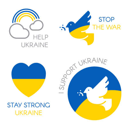 Ukrainian flag with icons for peace, help and solidarity messages. Conflict between Russia and Ukraineのイラスト素材