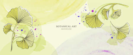 Ginkgo. Abstract botanical and floral art background. Vector for design and decoration wallpapers, banner, poster, greetings and invitations cards, templates and prints. Yellow, purple and green colorのイラスト素材