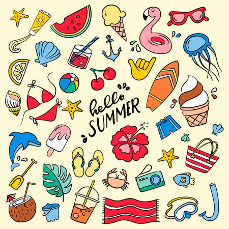 Hello Summer. Doodles colorful background. Contains such icons as bikini, ice cream, towel, flamingo, surfboard, and beach symbolsのイラスト素材