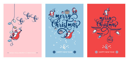 Set of merry Christmas and Happy New Year greeting cards with Santa Claus. Winter holidays. Pink, blue and red backgrounds.のイラスト素材