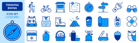 Icons in two colors about trekking and biking. Contains such icons as camping, map, trail, picnic, bike, and mountain equipment. Editable strokeのイラスト素材
