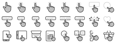 Icons in two tones about click. Contains such icons as hand with gestures, touch, press, tap and push. Editable stroke.のイラスト素材