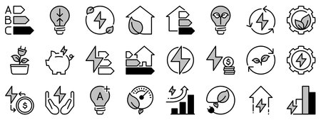 Icons in two tones about energy efficiency and saving. Sustainable development. Contains such icons as renewable energy, environmental goal, value, eco transition. Editable strokeのイラスト素材