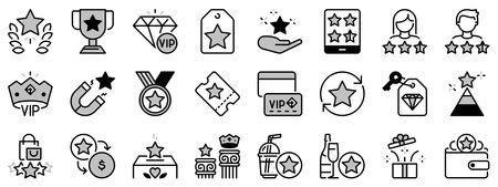 Icons in two tones about loyalty program. Contains such icons as rewards, bonuses and special benefits. Editable strokeのイラスト素材