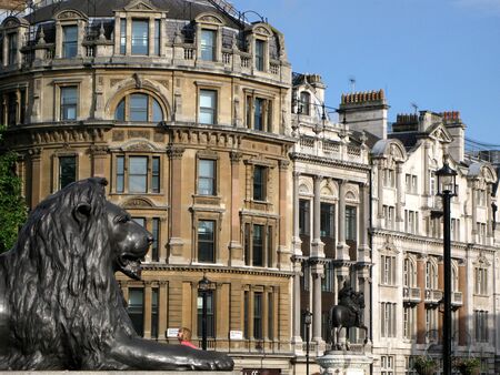 London, England, June 2007 -  view towards Whitehall, with Trafalgar Square Lion in foregroundのeditorial素材