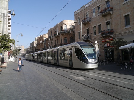 Jerusalem, Israel, October 2011 - Cars have been banned from one of the main streets of Jerusalem, and replaced by a new light rail trainのeditorial素材