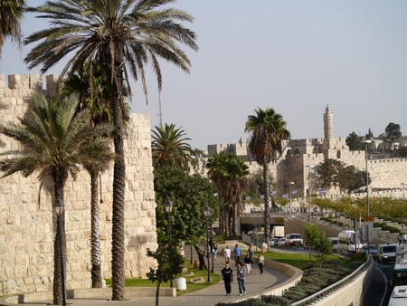 Jerusalem, Israel, October 2011 - sidewalk outside Old City wall, leading to Jaffa Gate