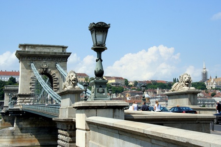 Budapest, May 2007 - Chain Bridge with lion sculptureのeditorial素材