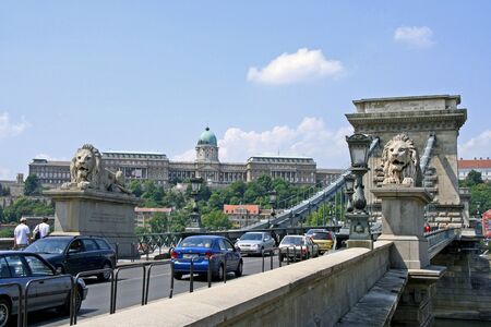Budapest, May 2007 - Chain Bridge with lion sculptureのeditorial素材
