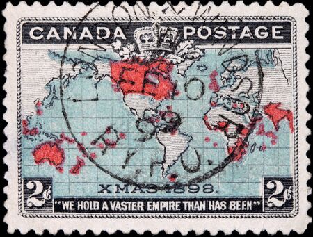 World map stamp, Canada, 1898のeditorial素材