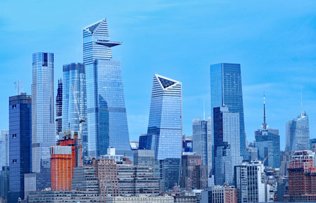 Manhattan midtown skyline in December 2020, showing Hudson Yards seen from across the Hudson River