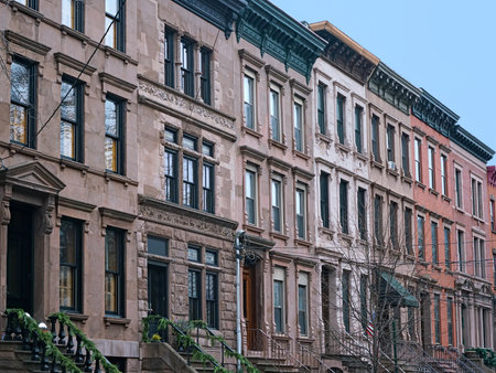 block of old brownstone style apartment buildingsのeditorial素材