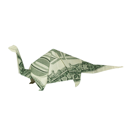 Money Origami APATOSAURUS BRONTOSAURUS Dinosaur Folded with Real One Dollar Bill Isolated on White Backgroundの写真素材