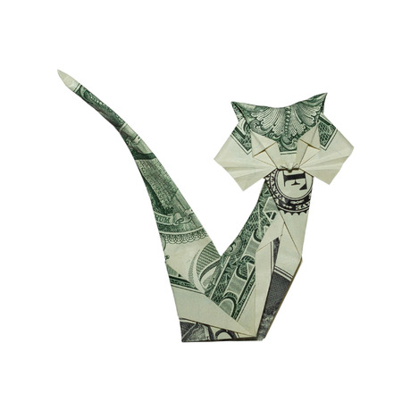 Money Origami Jowly CAT Folded with Real One Dollar Bill Isolated on White Backgroundの写真素材