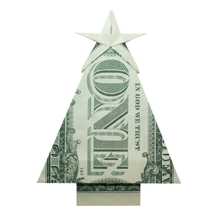 Money Origami CHRISTMAS TREE Folded with Real One Dollar Bill Isolated on White Backgroundの写真素材