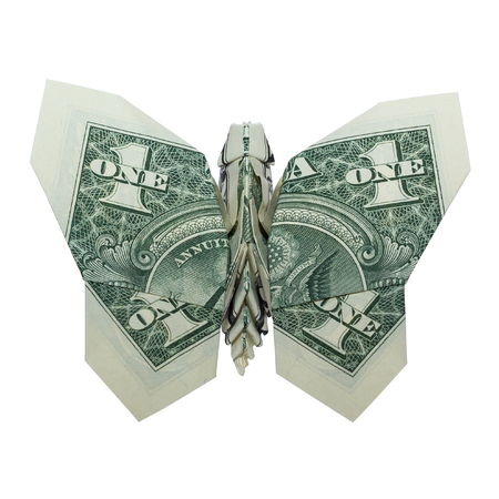 Money Origami Green BUTTERFLY Folded with Real One Dollar Bill Isolated on White Backgroundの写真素材