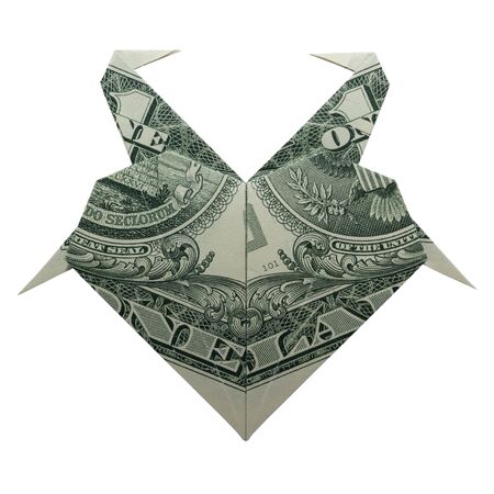 Money Origami HEART with Flamingos Folded with Real One Dollar Bill Isolated on White Backgroundの写真素材