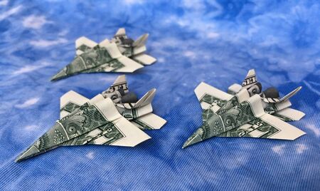 Money Origami Three Flying Jet Fighters Folded with Real One Dollar Billsの写真素材