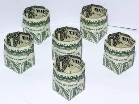 Money Origami Six VASES Folded with 6 Real One Dollar Bills on White Background
