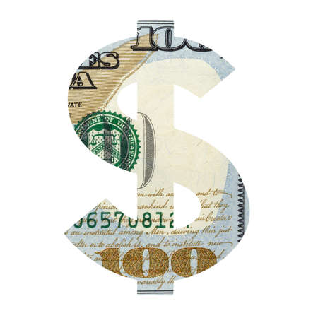 US Dollar Sign Icon with Real 100 Obverse Dollars Banknote Texture Isolated on White Backgroundの写真素材