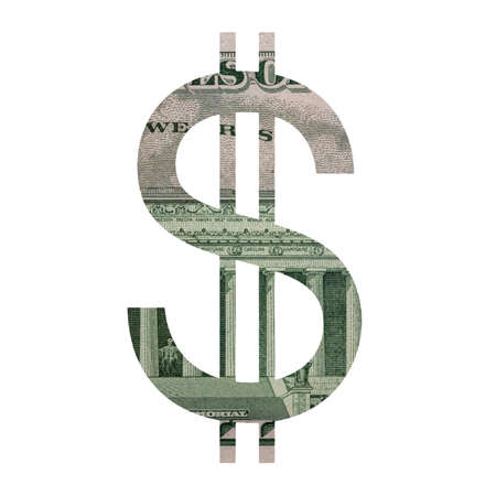 US Dollar Sign Icon with Real 5 Reverse Dollars Banknote Texture Isolated on White Background