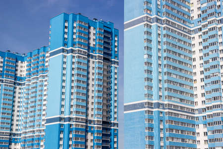 Blue Facade in Daylight of Skyscrapers Apartment Buildings Residential Blocks Detail Texture...