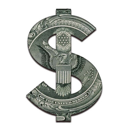 US Dollar Sign Icon with Real One Dollar Bill Banknote Texture Isolated on White Background