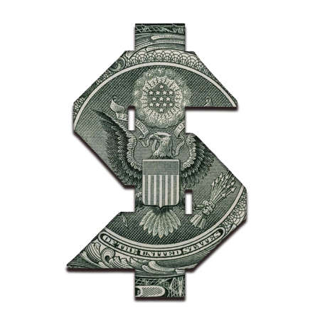 US Dollar Sign Icon with Real One Dollar Bill Banknote Texture Isolated on White Backgroundの写真素材